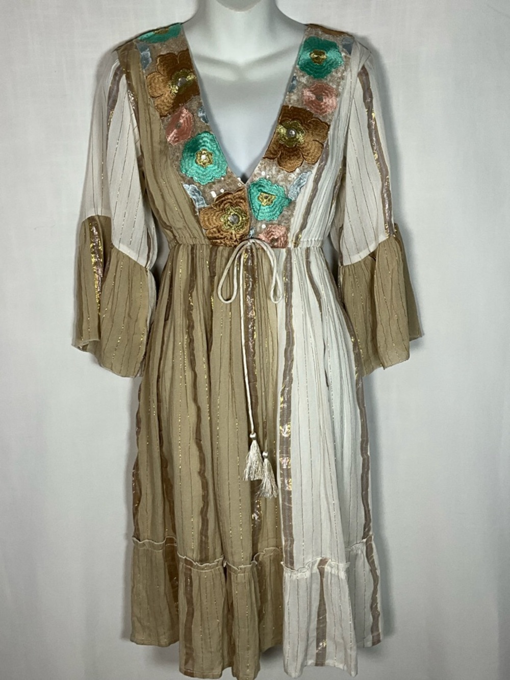 Ananta Boho Dress Size OS Embroidered V-Neck Midi Dress in Tan and Cream